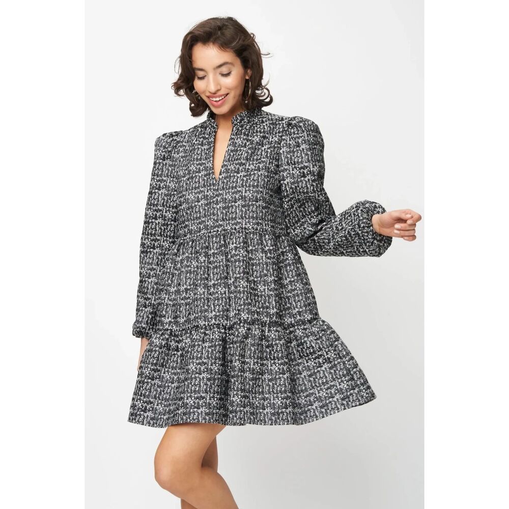 Fresha London Riley Dress Mini Dress Puff Slv Tiered Black Grey Large $338 NEW